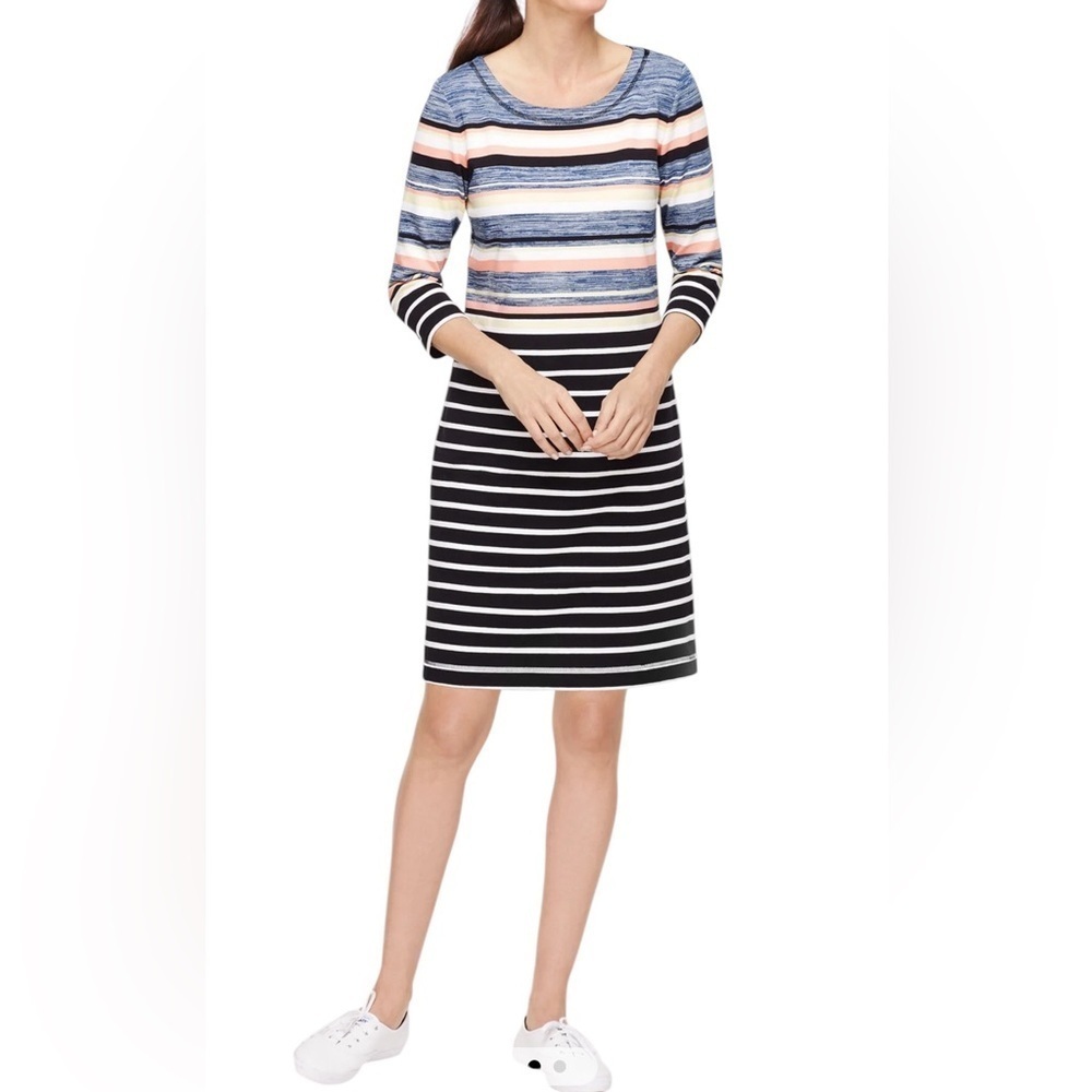 Talbots Womens Blue Black Striped 3/4 Sleeve Scoop Knee Length Dress XL.   B9